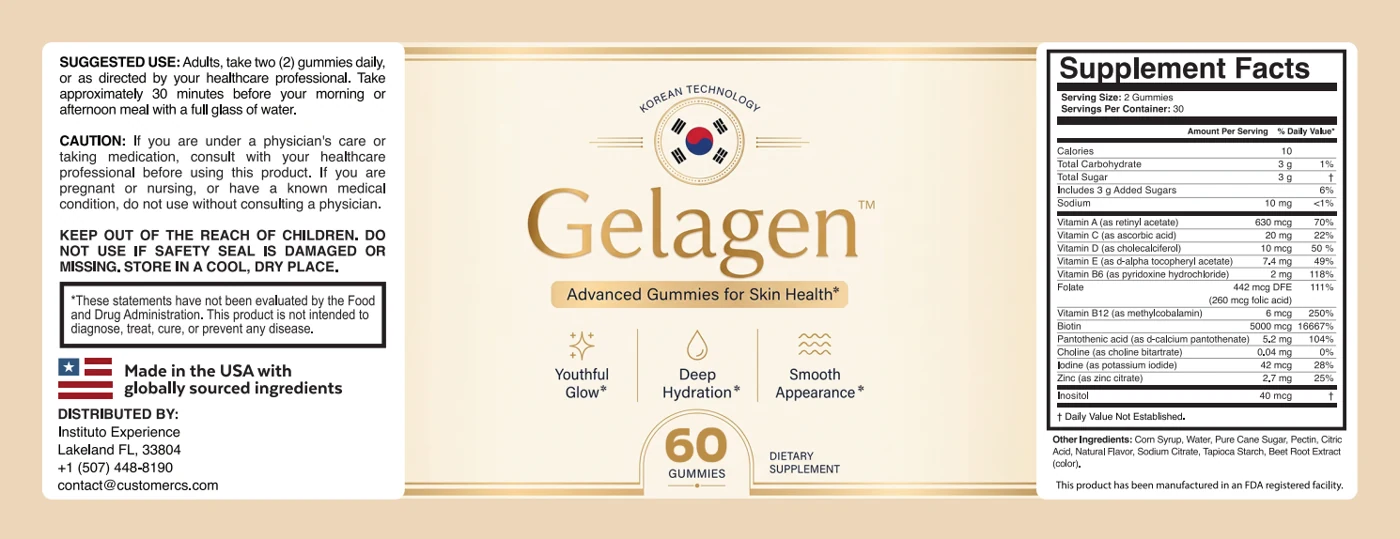 Gelagen bottle label with Supplement Facts
